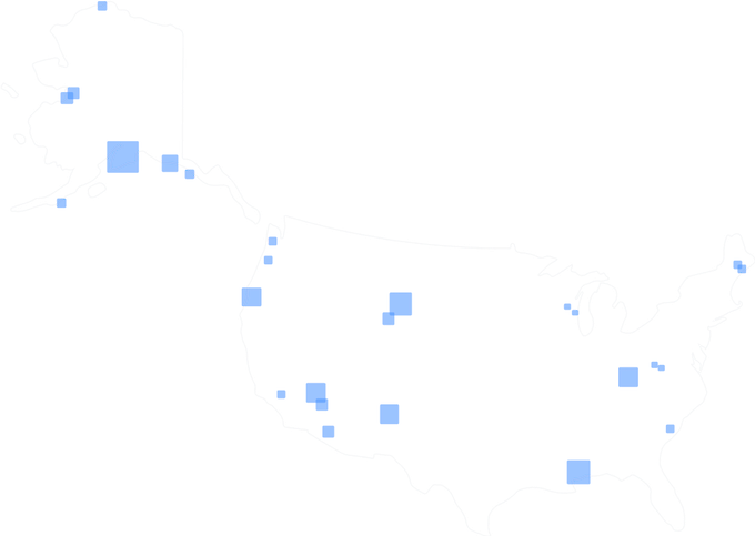 A map of the United States with blue boxes where we conducted our research.