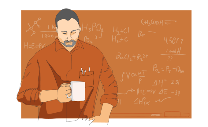 Person looking downwards, holding a cup of coffee, standing in front of a chalkboard covered with math and chemistry equations.