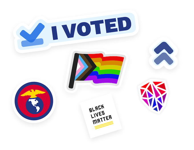 Decorative image of stickers including one that says I Voted, a Pride flag, and one that says Black Lives Matter.