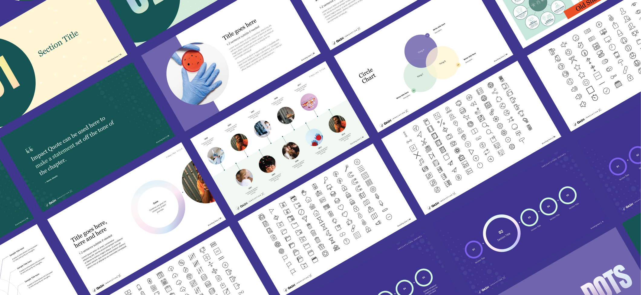 A colorful branded presentation template is shown in a 30 degree angled grid pattern.