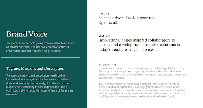 A green and white mission statement from the brand guide is shown.