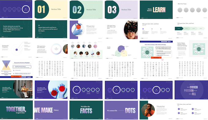 A massive grid showing an extensive brand slide template system is shown.