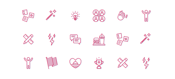 Grid of red and blue outline icons, with friendly round edges