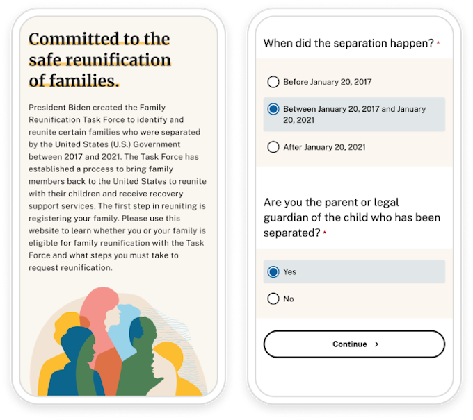 A mobile view of the site shows clear, concise information, questions, and answers that can be selected with a radial button.