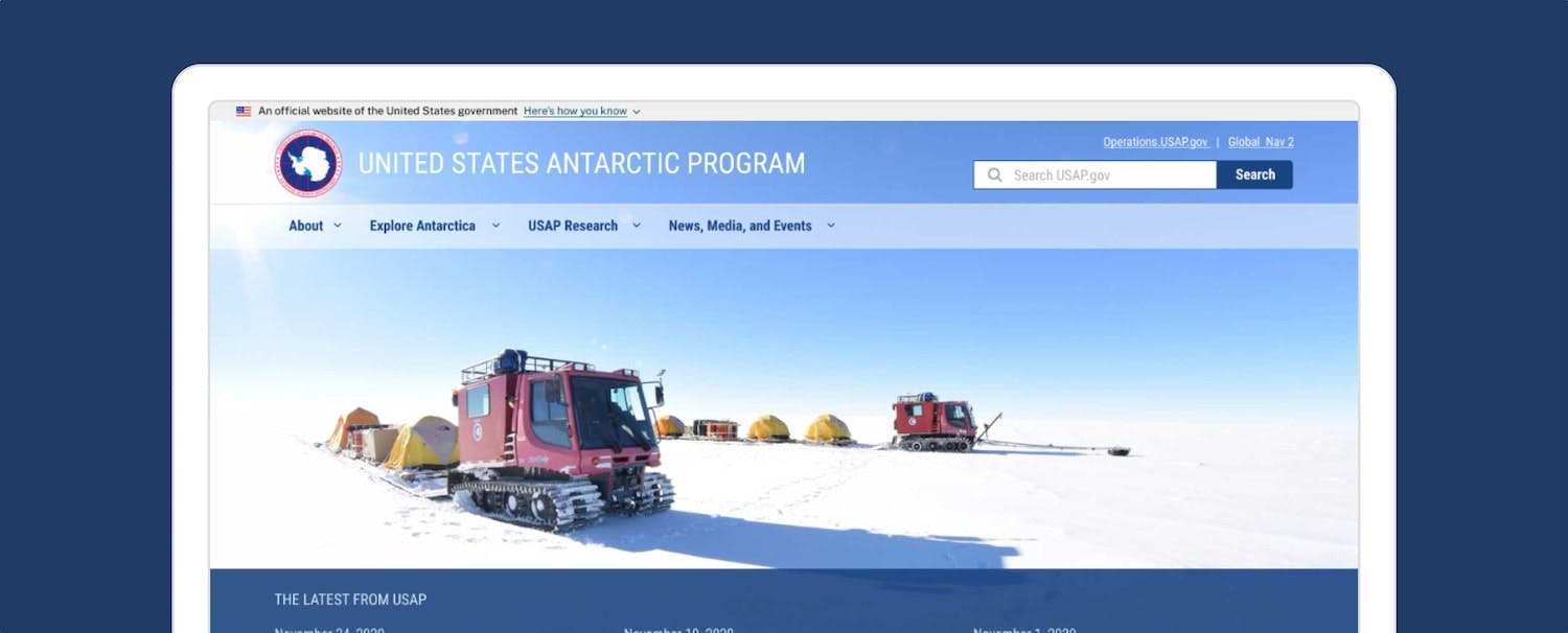 A closeup of the National Science Foundation’s US Antarctic Program website showing winter content in the header