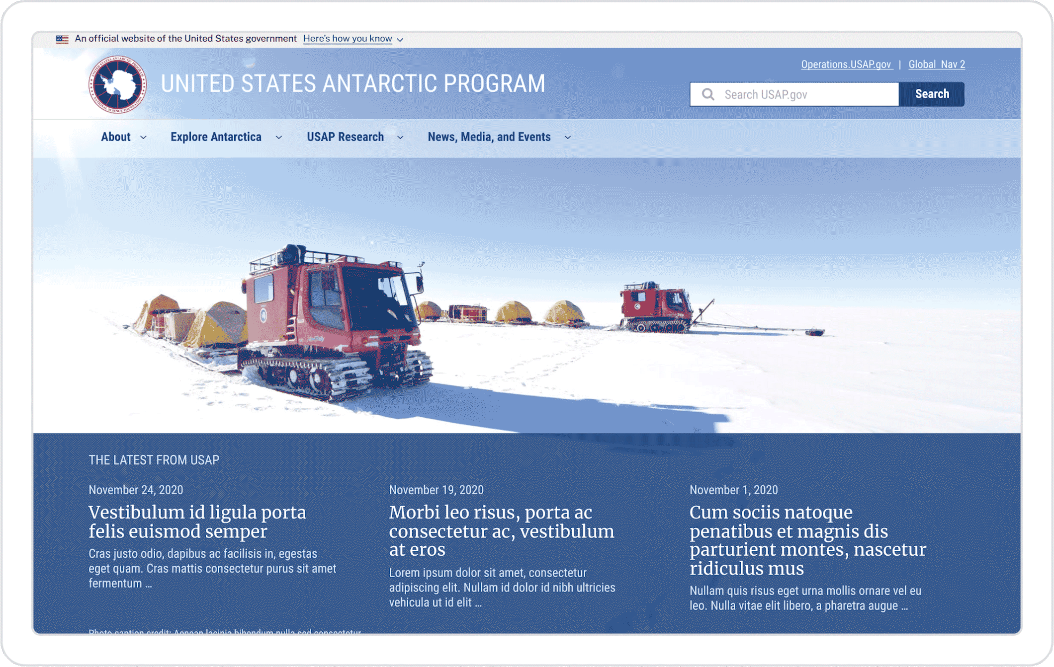 NSF website homepage with rotating images of the team traveling across ice fields, penguins, and ice cliffs.