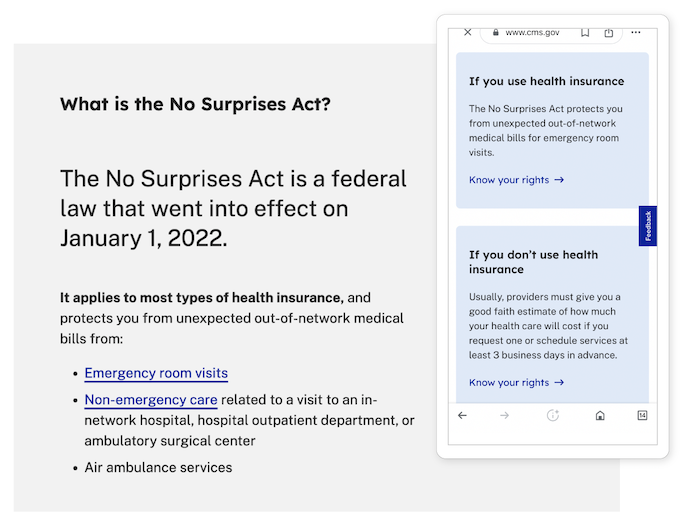 A screenshot of the health insurance question page from www.cms.gov/medical-bill-rights.